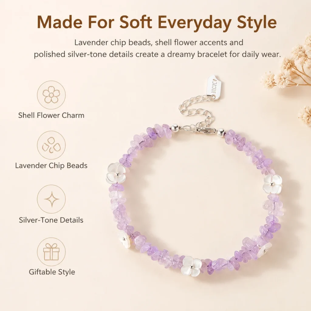 Lavender Amethyst Shell Flower Bracelet 3 lavender amethyst shell flower bracelet feature image
