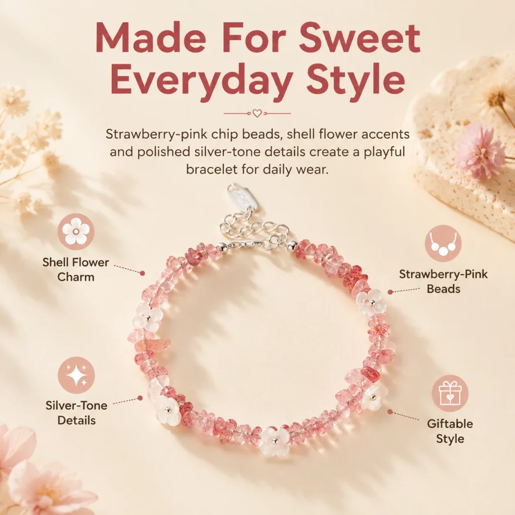 Strawberry Quartz Shell Flower Bracelet 3 strawberry quartz shell flower bracelet feature image