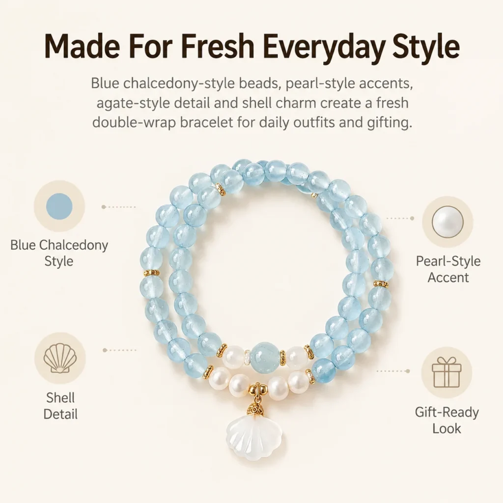 Blue Chalcedony Pearl Agate Shell Double-Wrap Bracelet 3 blue chalcedony pearl agate shell double-wrap bracelet feature image