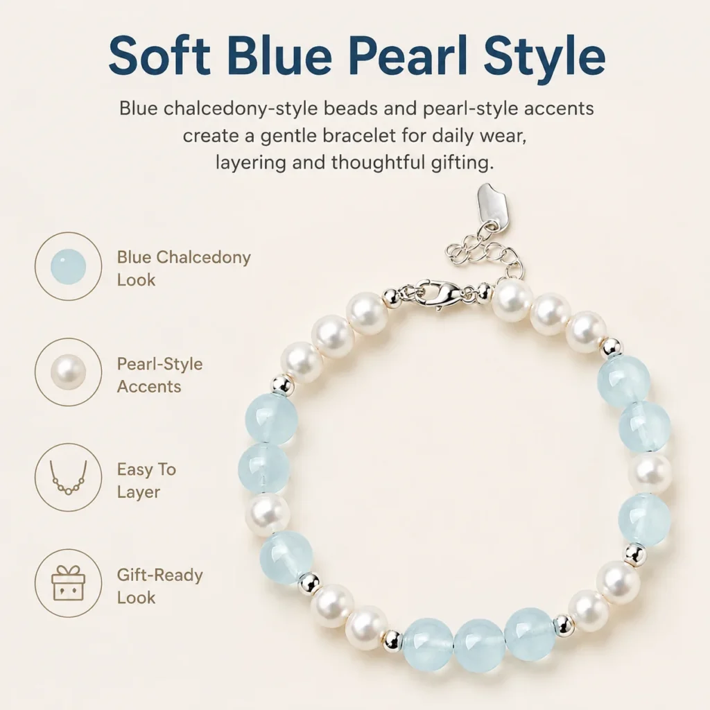 Blue Chalcedony Pearl Beaded Bracelet 3 blue chalcedony pearl beaded bracelet feature image