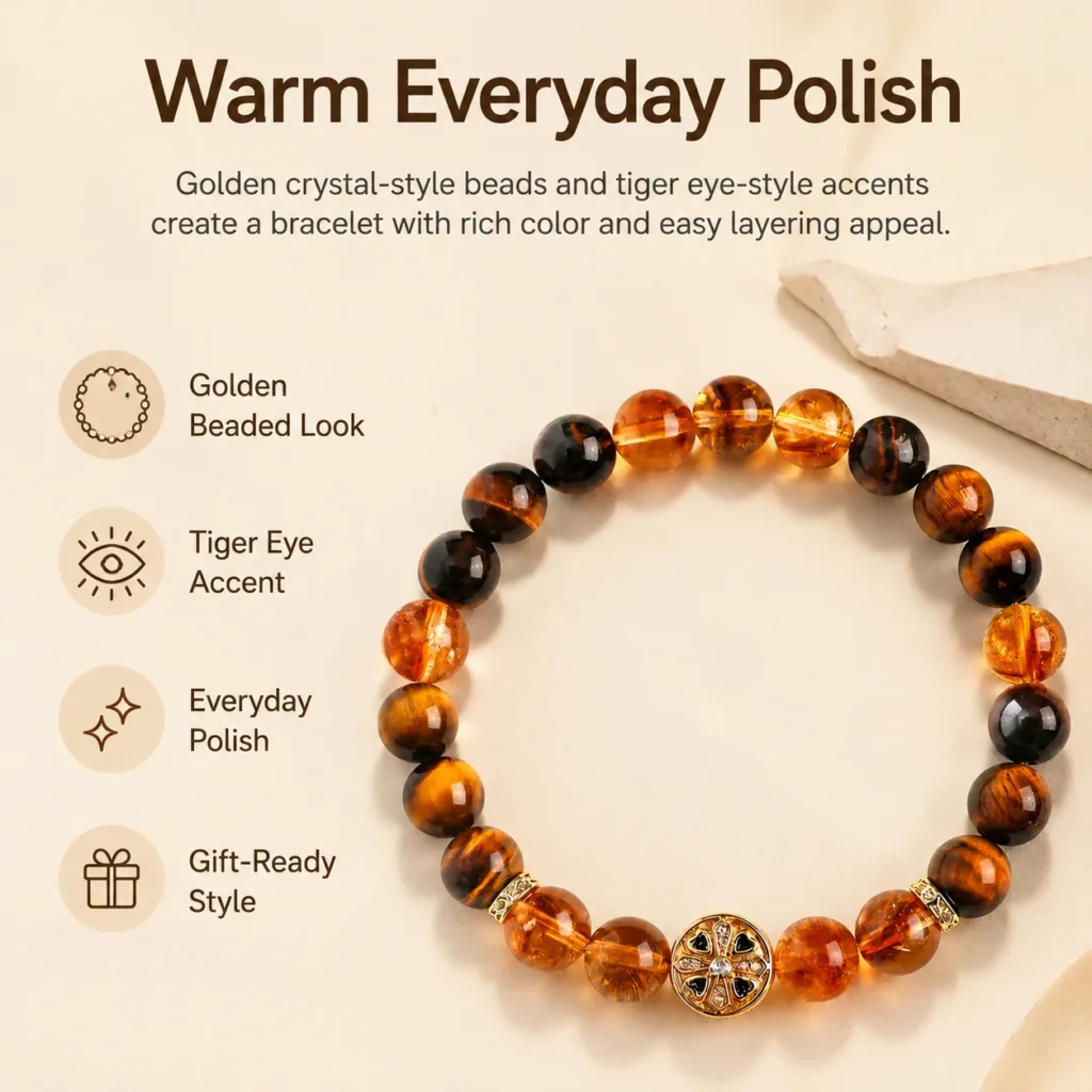 Golden Crystal Tiger Eye Beaded Bracelet 3 golden crystal tiger eye beaded bracelet feature image