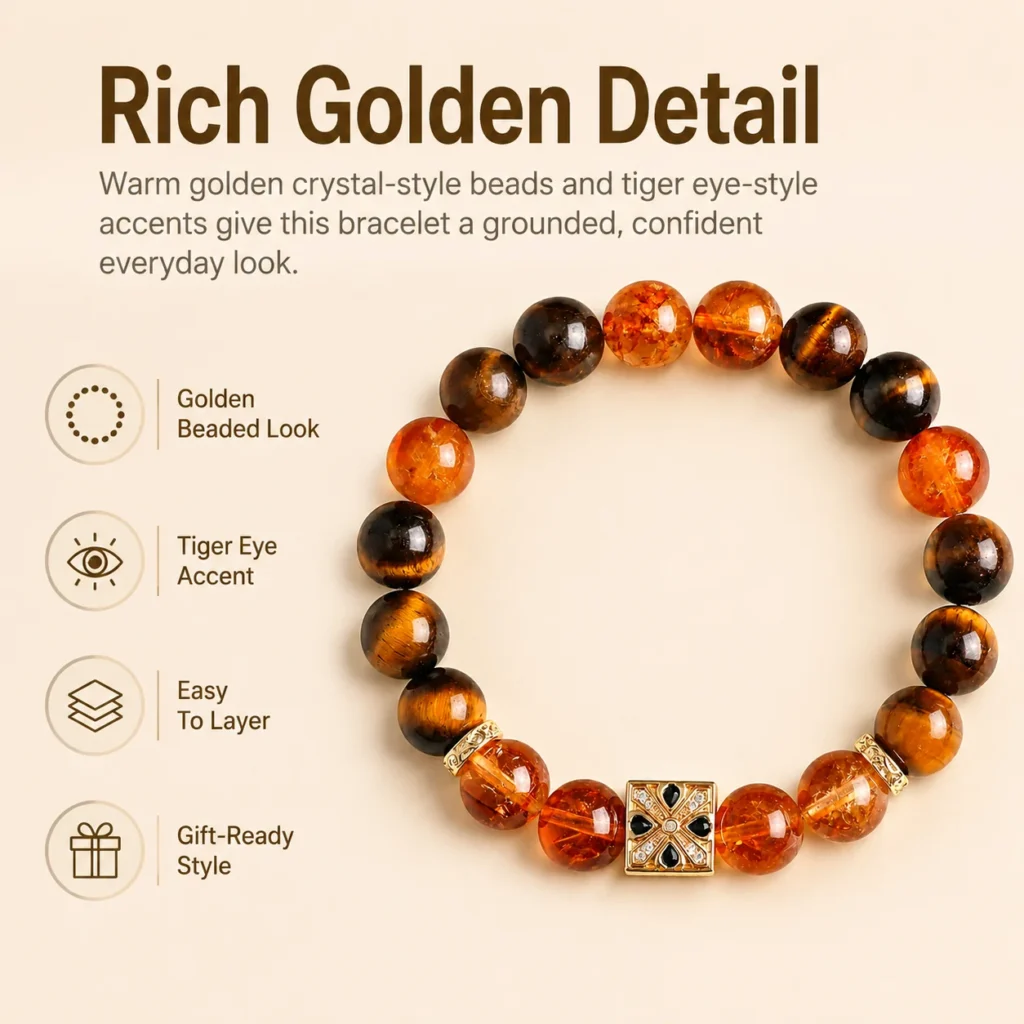 Golden Crystal Tiger Eye Accent Beaded Bracelet 3 golden crystal tiger eye accent beaded bracelet feature image
