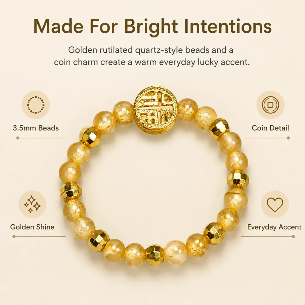 golden rutilated quartz fortune coin beaded ring feature image