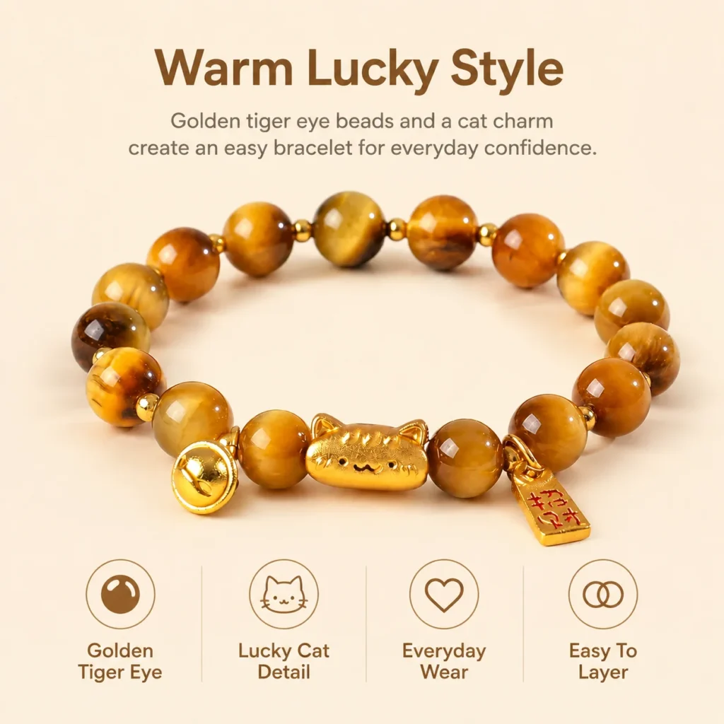 golden tiger eye lucky cat bracelet feature image