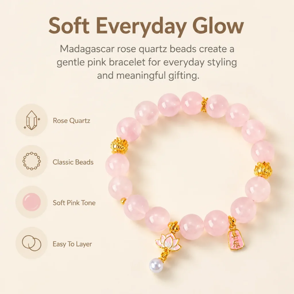 Classic Madagascar Rose Quartz Beaded Bracelet 3 classic madagascar rose quartz beaded bracelet feature image