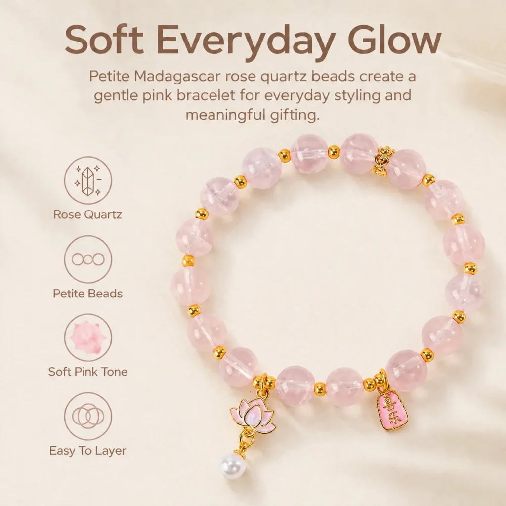 Petite Madagascar Rose Quartz Beaded Bracelet 3 petite madagascar rose quartz beaded bracelet feature image
