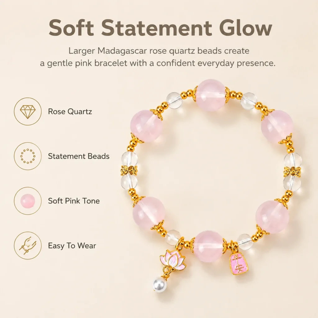 Statement Madagascar Rose Quartz Beaded Bracelet 3 statement madagascar rose quartz beaded bracelet feature image