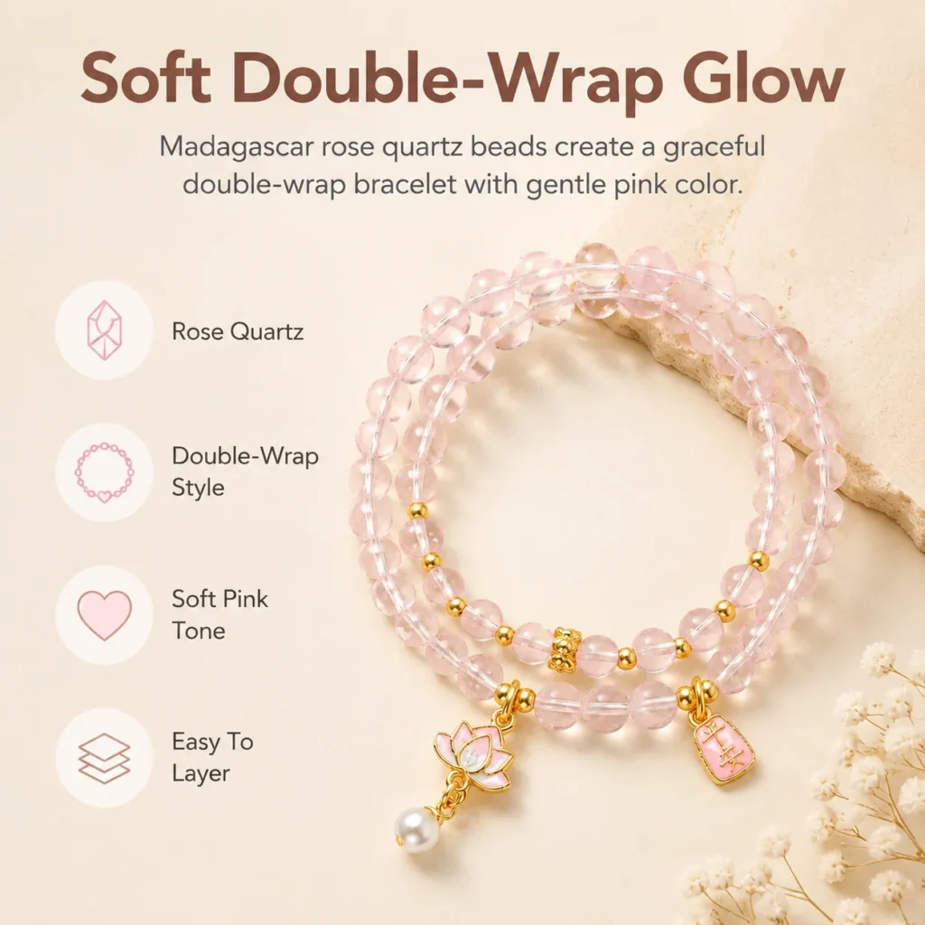 Madagascar Rose Quartz Double-Wrap Bracelet 3 madagascar rose quartz double-wrap bracelet feature image