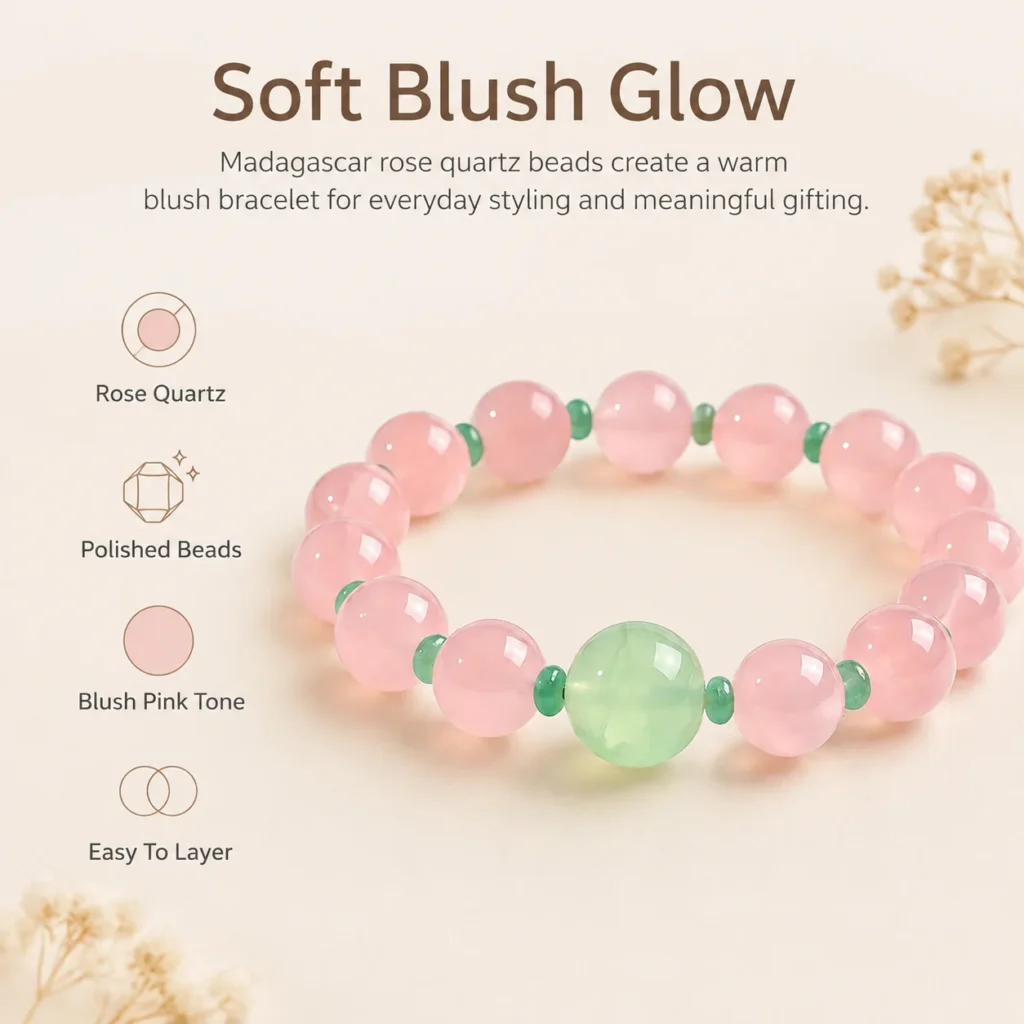 Blush Madagascar Rose Quartz Beaded Bracelet 3 blush madagascar rose quartz beaded bracelet feature image