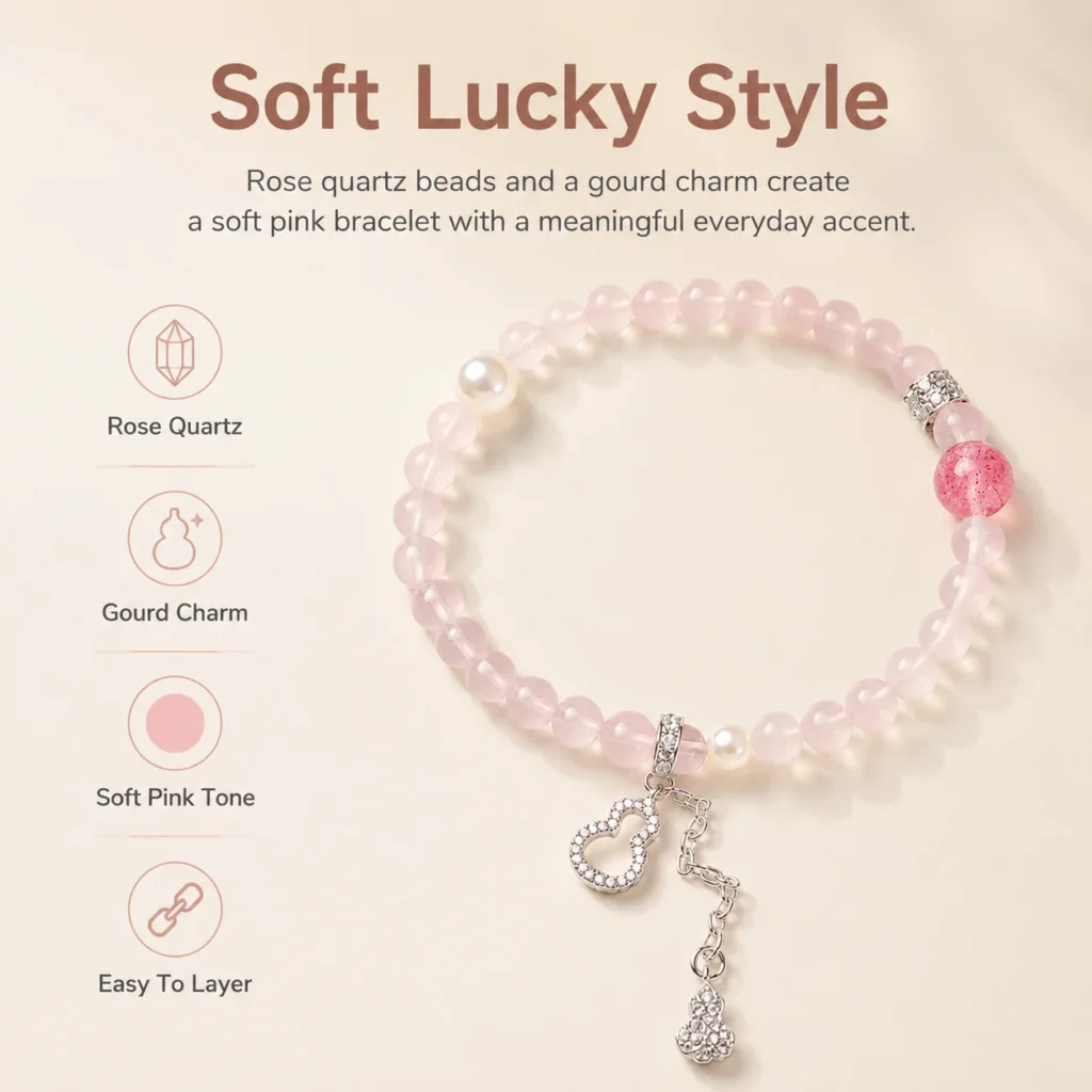 Rose Quartz Gourd Charm Beaded Bracelet 3 rose quartz gourd charm beaded bracelet feature image