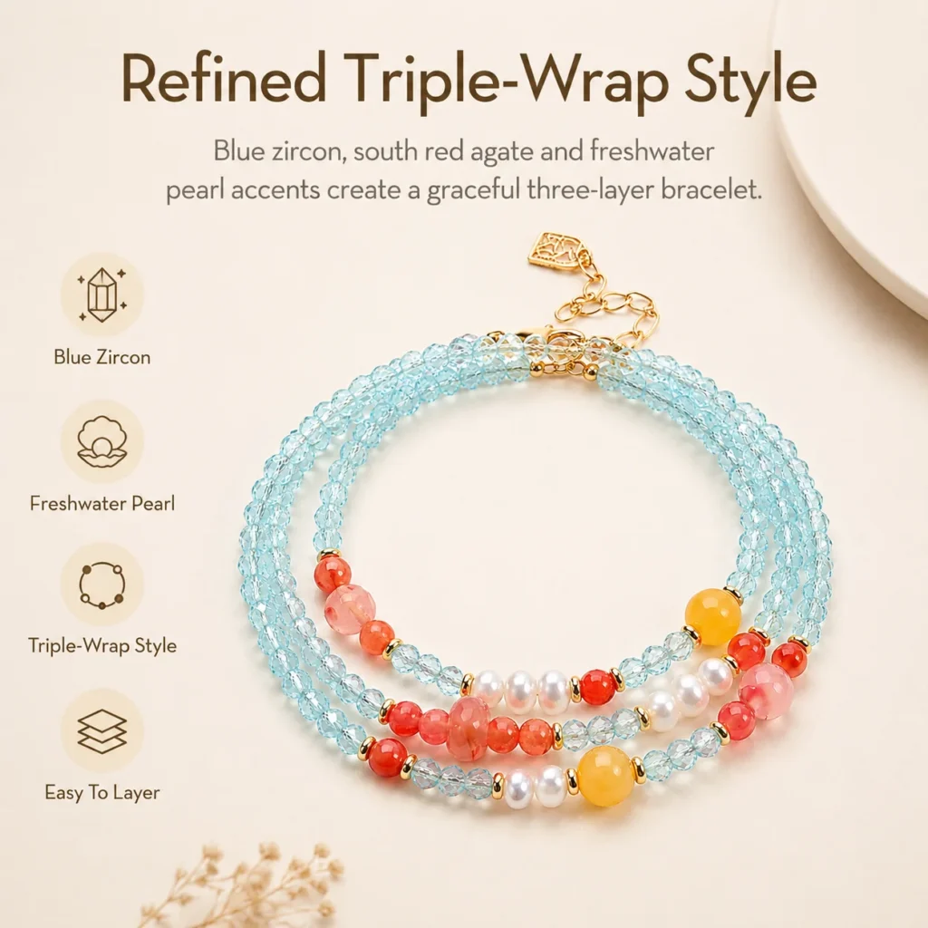 blue zircon pearl triple-wrap bracelet feature image