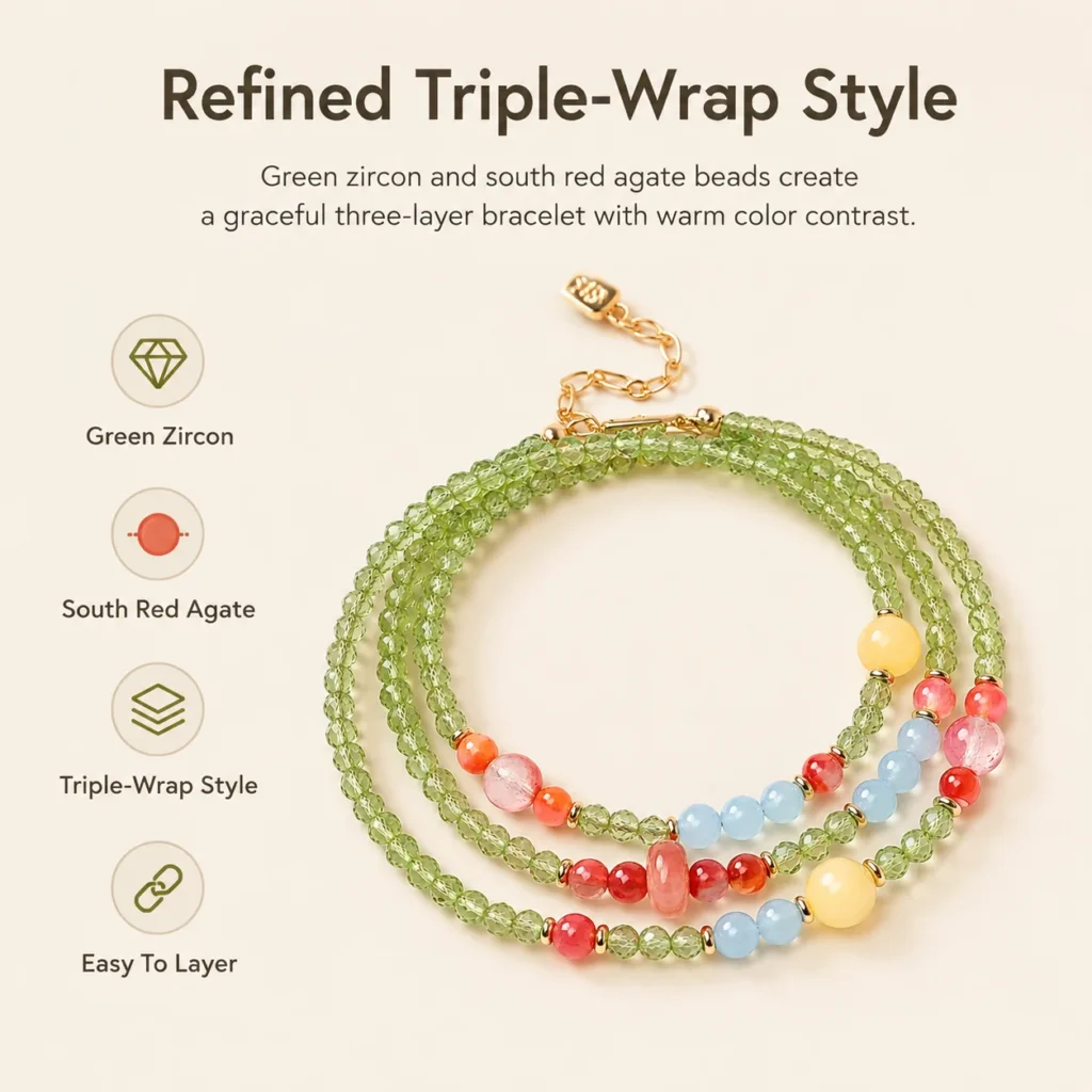 Green Zircon South Red Agate Triple-Wrap Bracelet 3 green zircon south red agate triple-wrap bracelet feature image