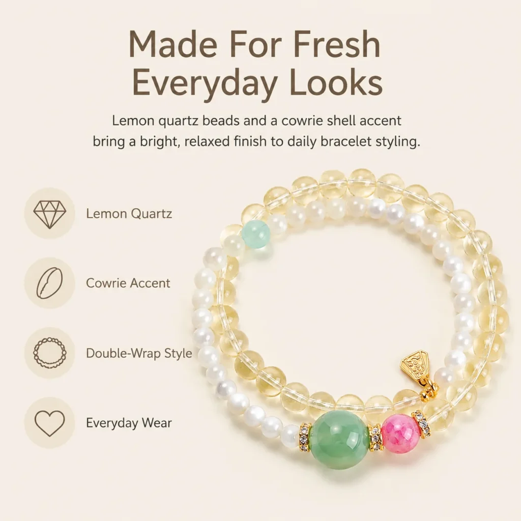 Lemon Quartz Cowrie Double-Wrap Bracelet 3 lemon quartz cowrie double-wrap bracelet feature image