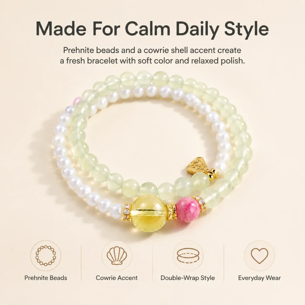 Prehnite Cowrie Double-Wrap Bracelet 3 prehnite cowrie double-wrap bracelet feature image