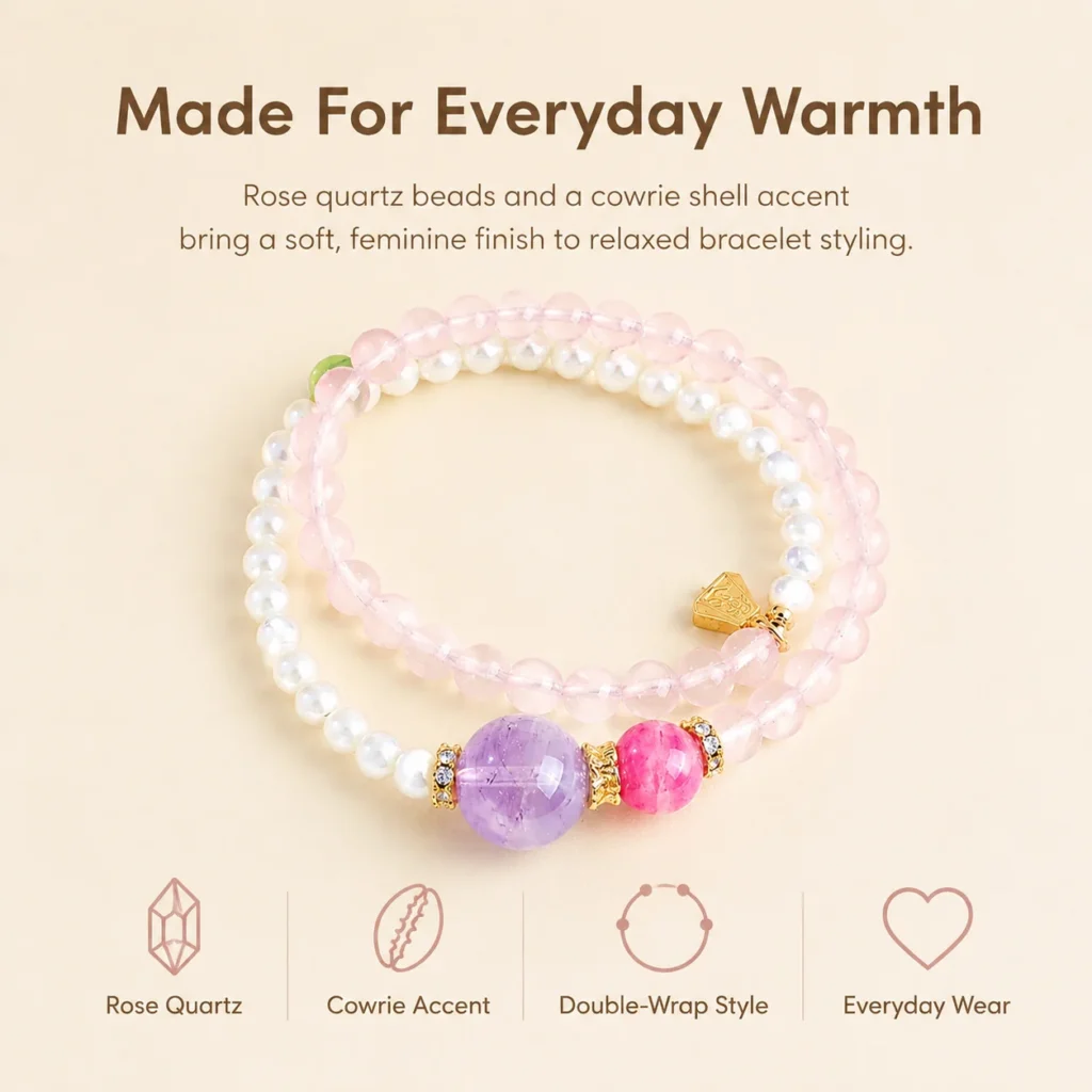 Rose Quartz Cowrie Double-Wrap Bracelet 3 rose quartz cowrie double-wrap bracelet feature image