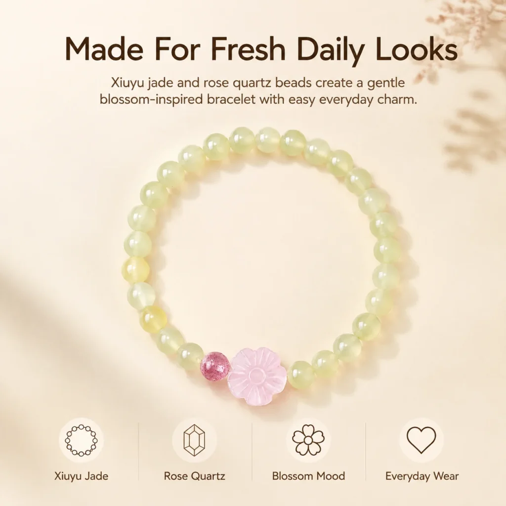 xiuyu jade rose quartz blossom bracelet feature image