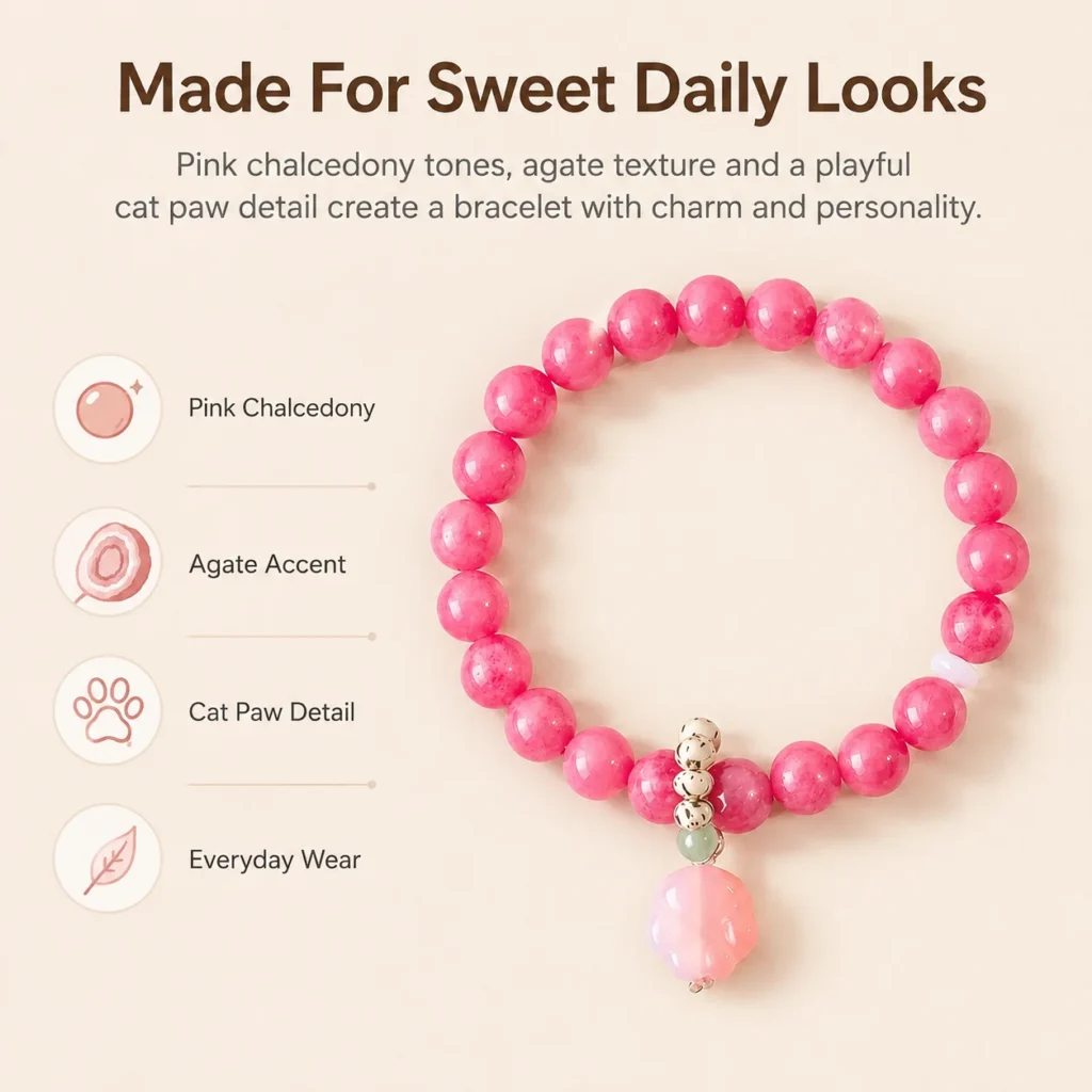 Pink Chalcedony Agate Cat Paw Bracelet 3 pink chalcedony agate cat paw bracelet feature image
