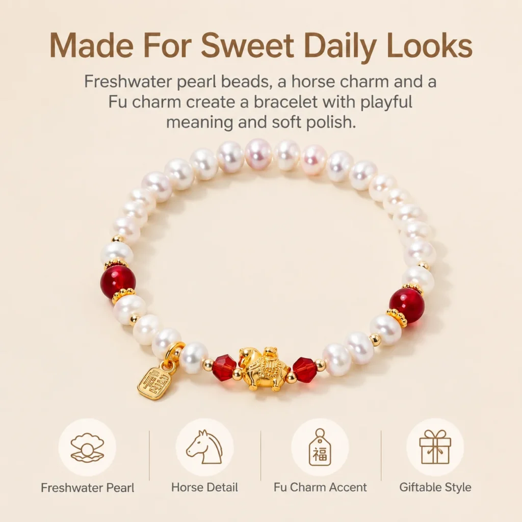 pearl horse fu charm beaded bracelet feature image