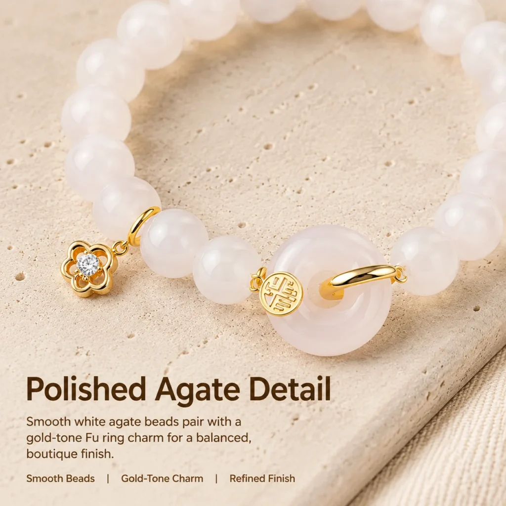 white agate gold fu charm bracelet material detail image