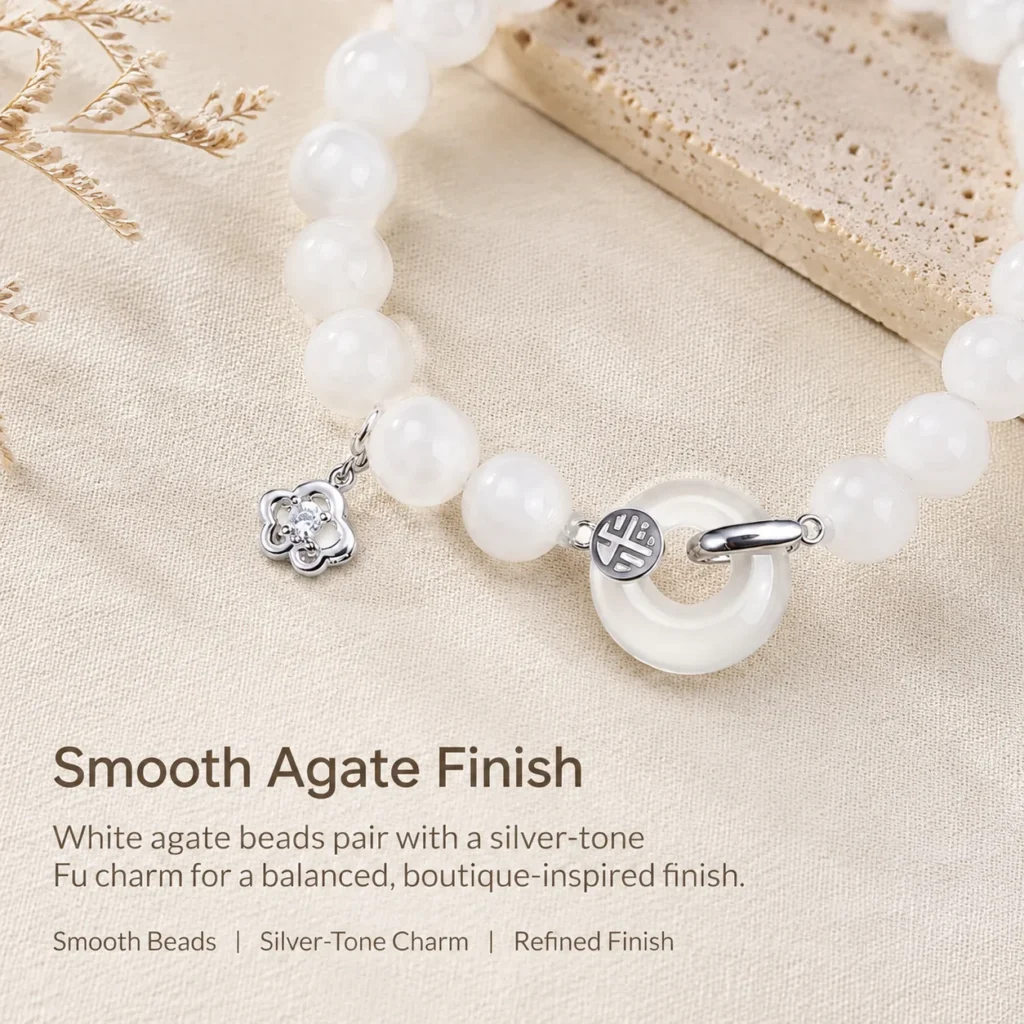 white agate silver fu charm bracelet material detail image