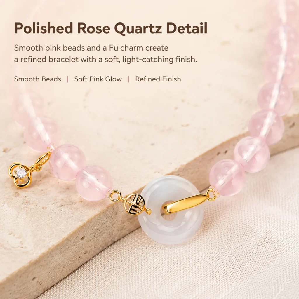 translucent rose quartz fu charm bracelet material detail image