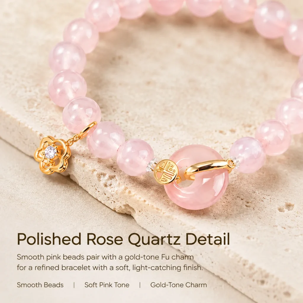 rose quartz gold fu charm bracelet material detail image