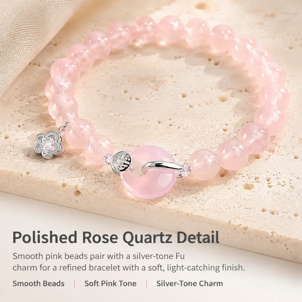 Rose Quartz Silver Fu Charm Bracelet 4 rose quartz silver fu charm bracelet material detail image