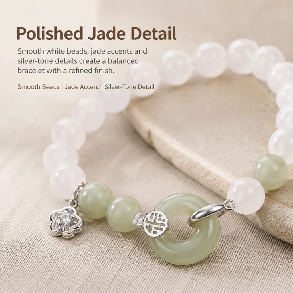 White Agate Hetian Jade Silver Bracelet 4 white agate hetian jade silver bracelet material detail image