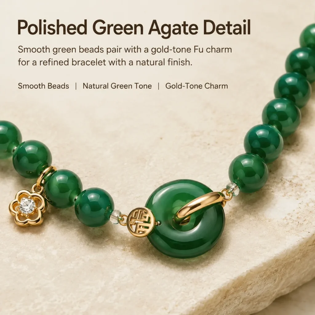 Green Agate Gold Fu Charm Bracelet 4 green agate gold fu charm bracelet material detail image