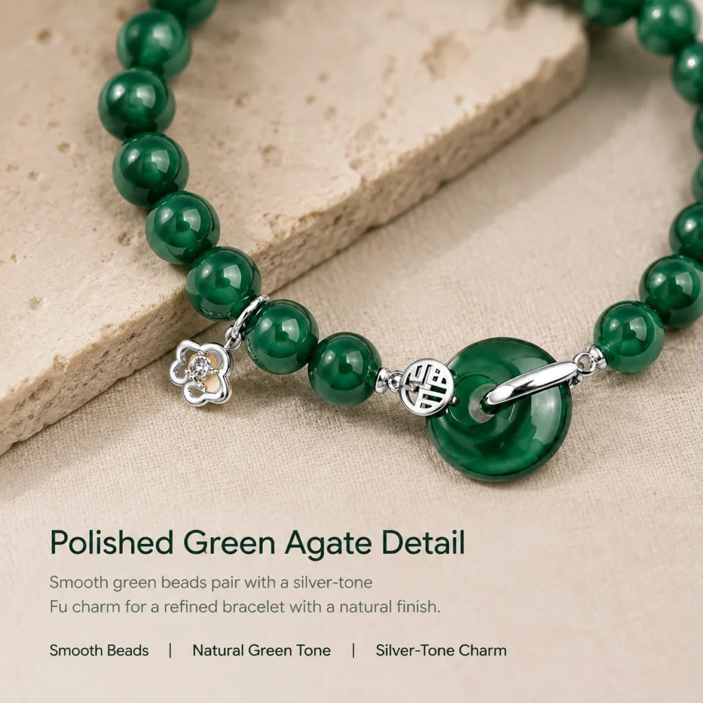 green agate silver fu charm bracelet material detail image