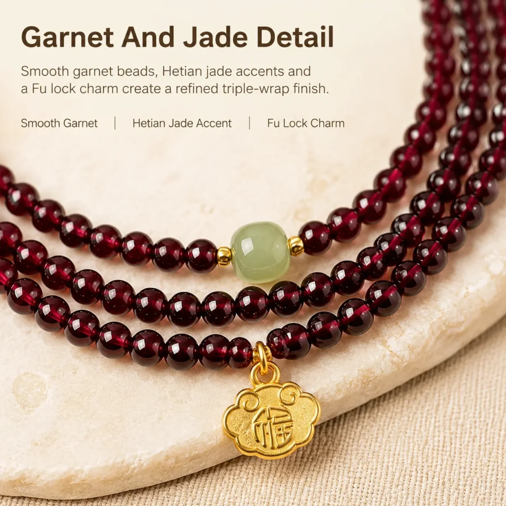 garnet hetian jade triple-wrap fu lock bracelet material detail image