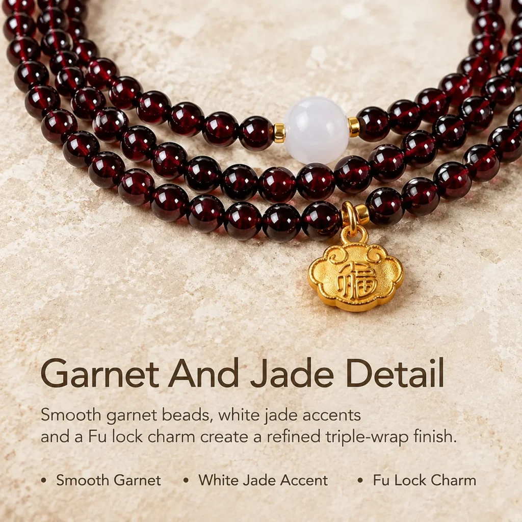Garnet White Jade Triple-Wrap Fu Lock Bracelet 4 garnet white jade triple-wrap fu lock bracelet material detail image