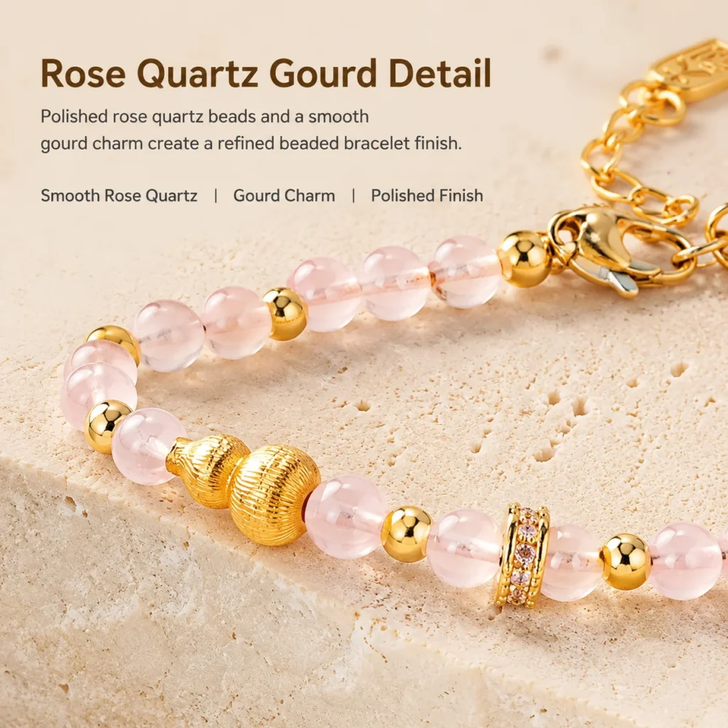 Rose Quartz Gourd Beaded Bracelet 4 rose quartz gourd beaded bracelet material detail image