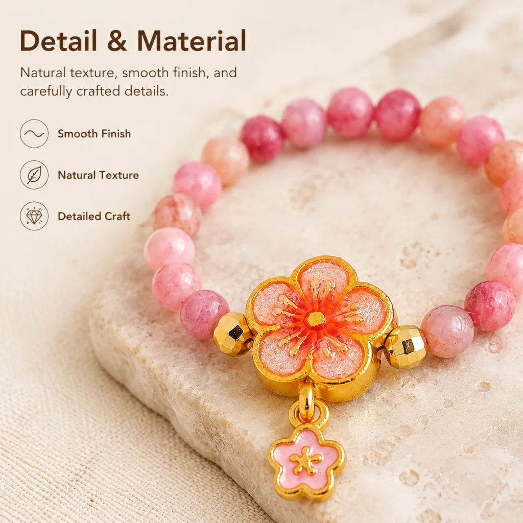 Rhodochrosite Flower Beaded Ring 4 rhodochrosite flower beaded ring material detail image
