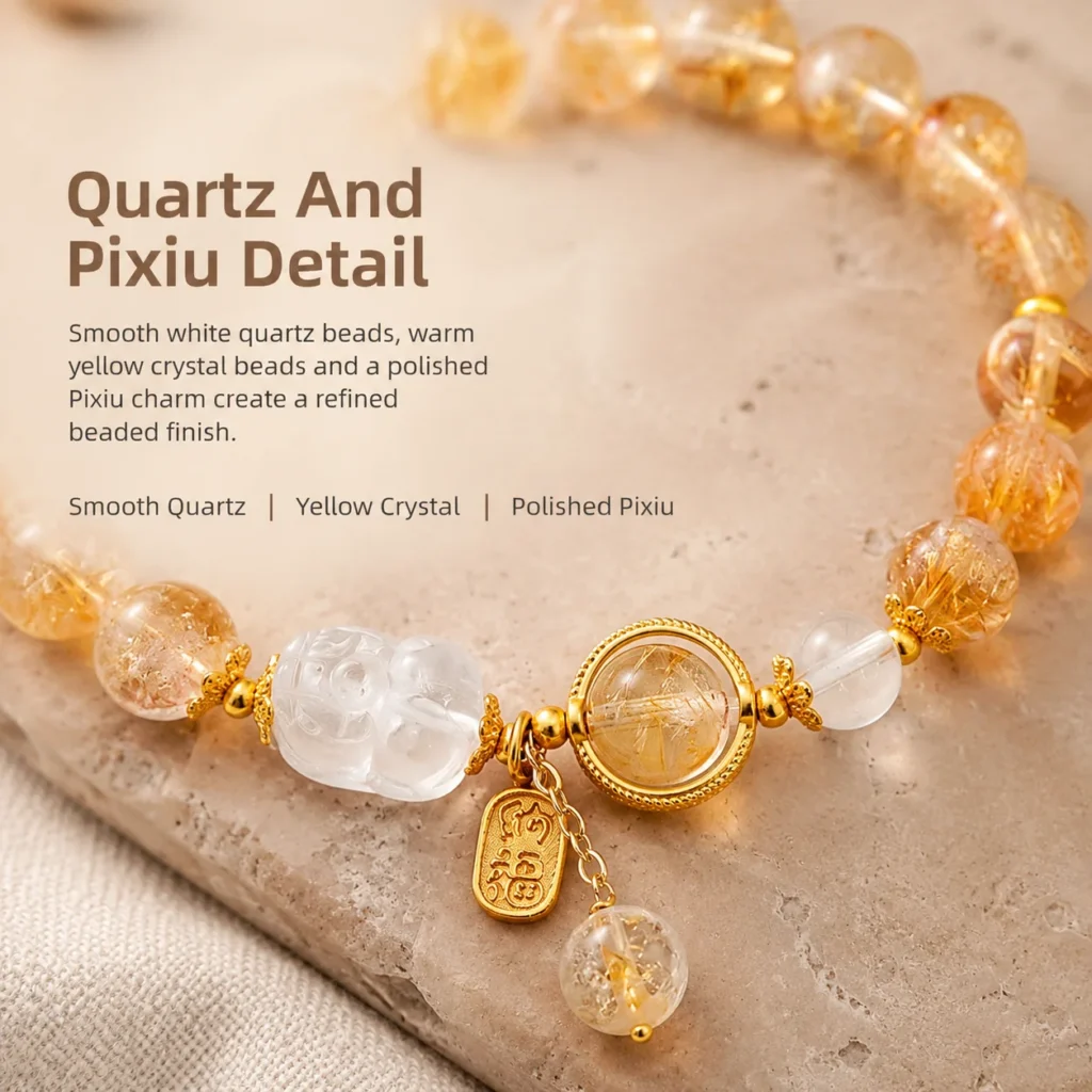 white quartz pixiu bracelet with yellow crystal beads material detail image