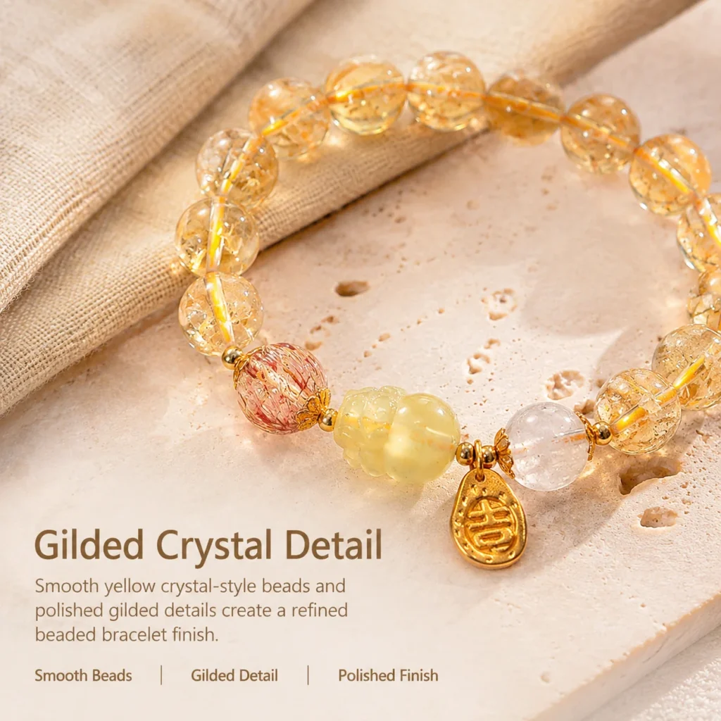 yellow phantom quartz gilded beaded bracelet material detail image