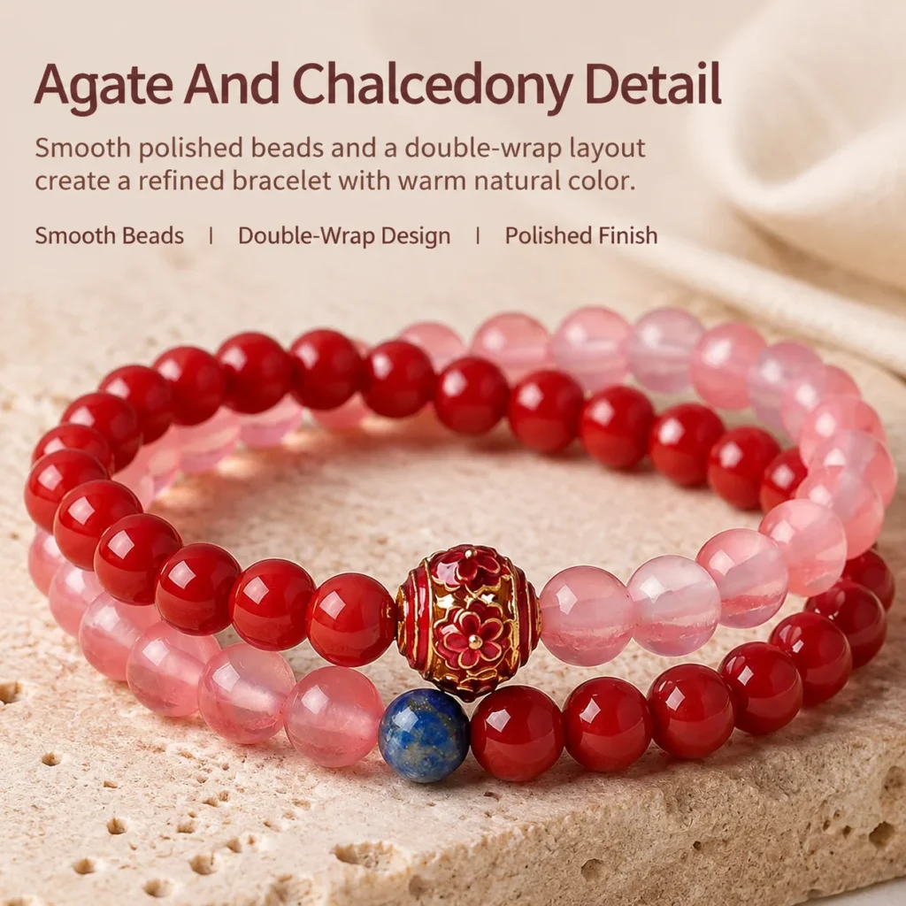 red agate chalcedony double-wrap bracelet material detail image