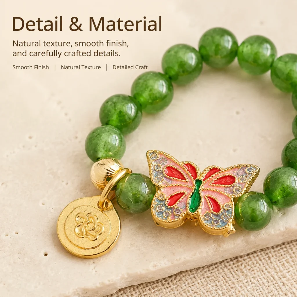 green chalcedony butterfly beaded ring material detail image