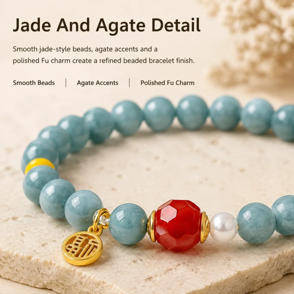 Jade Agate Fu Charm Beaded Bracelet 4 jade agate fu charm beaded bracelet material detail image