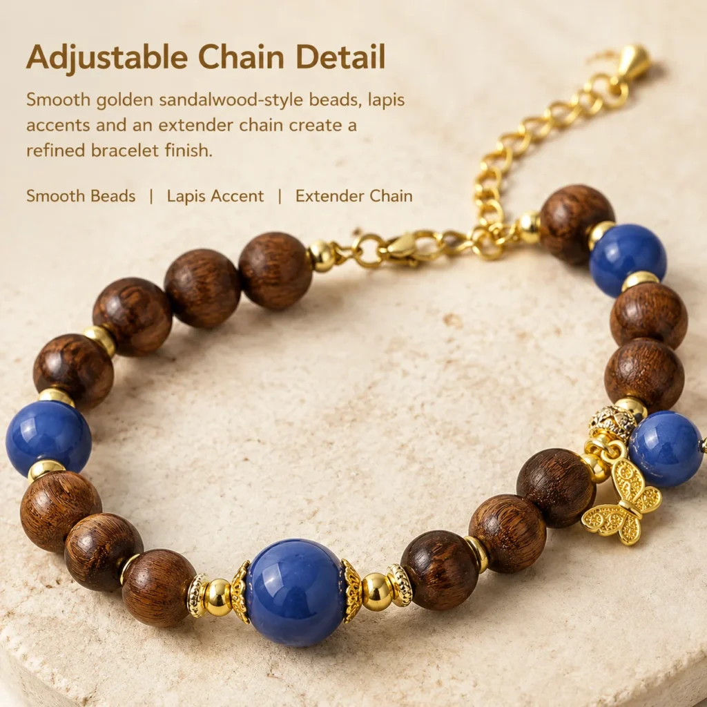 Golden Sandalwood Lapis Butterfly Bracelet with Extender Chain 4 golden sandalwood lapis butterfly bracelet with extender chain material detail image