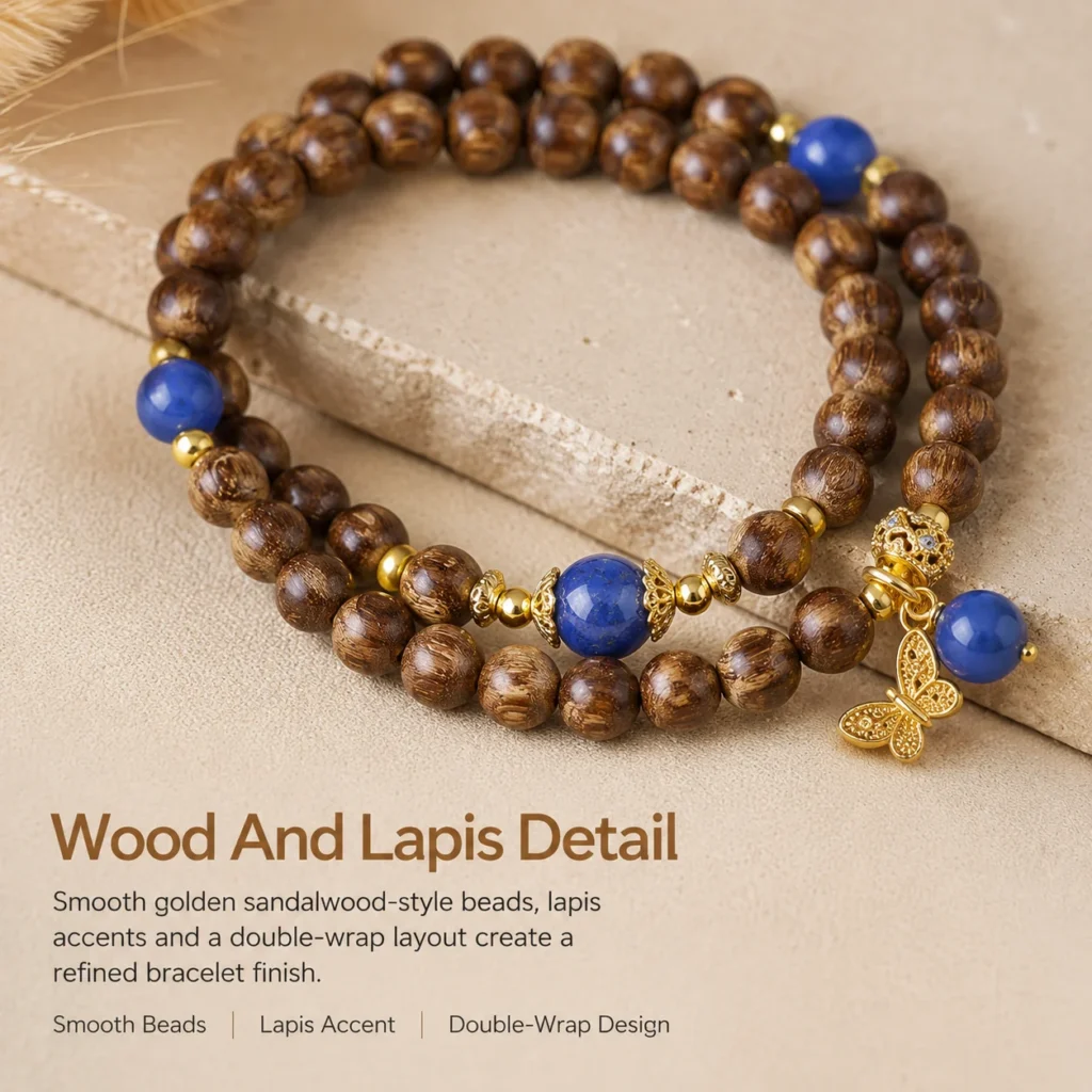 Golden Sandalwood Lapis Butterfly Double-Wrap Bracelet 4 golden sandalwood lapis butterfly double-wrap bracelet material detail image