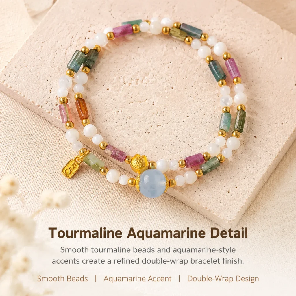 Tourmaline Aquamarine Double-Wrap Bracelet 4 tourmaline aquamarine double-wrap bracelet material detail image