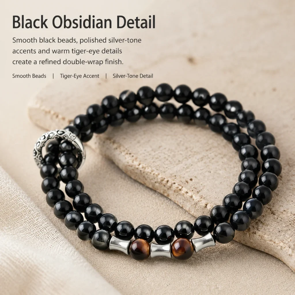Black Obsidian Double-Wrap Bracelet 4 black obsidian double-wrap bracelet material detail image