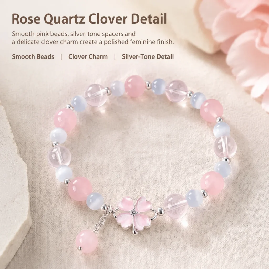 Translucent Rose Quartz Clover Bracelet 4 translucent rose quartz clover bracelet material detail image