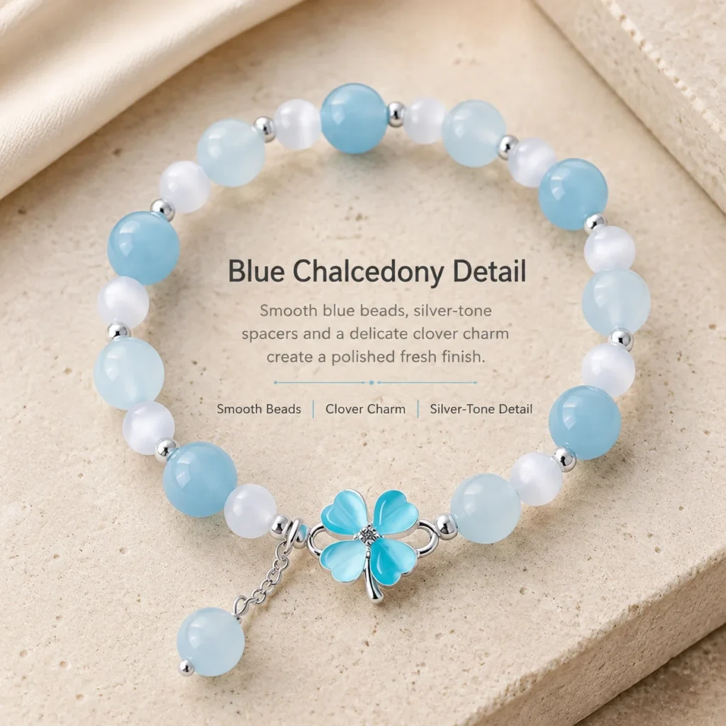 Blue Chalcedony Clover Bracelet 4 blue chalcedony clover bracelet material detail image