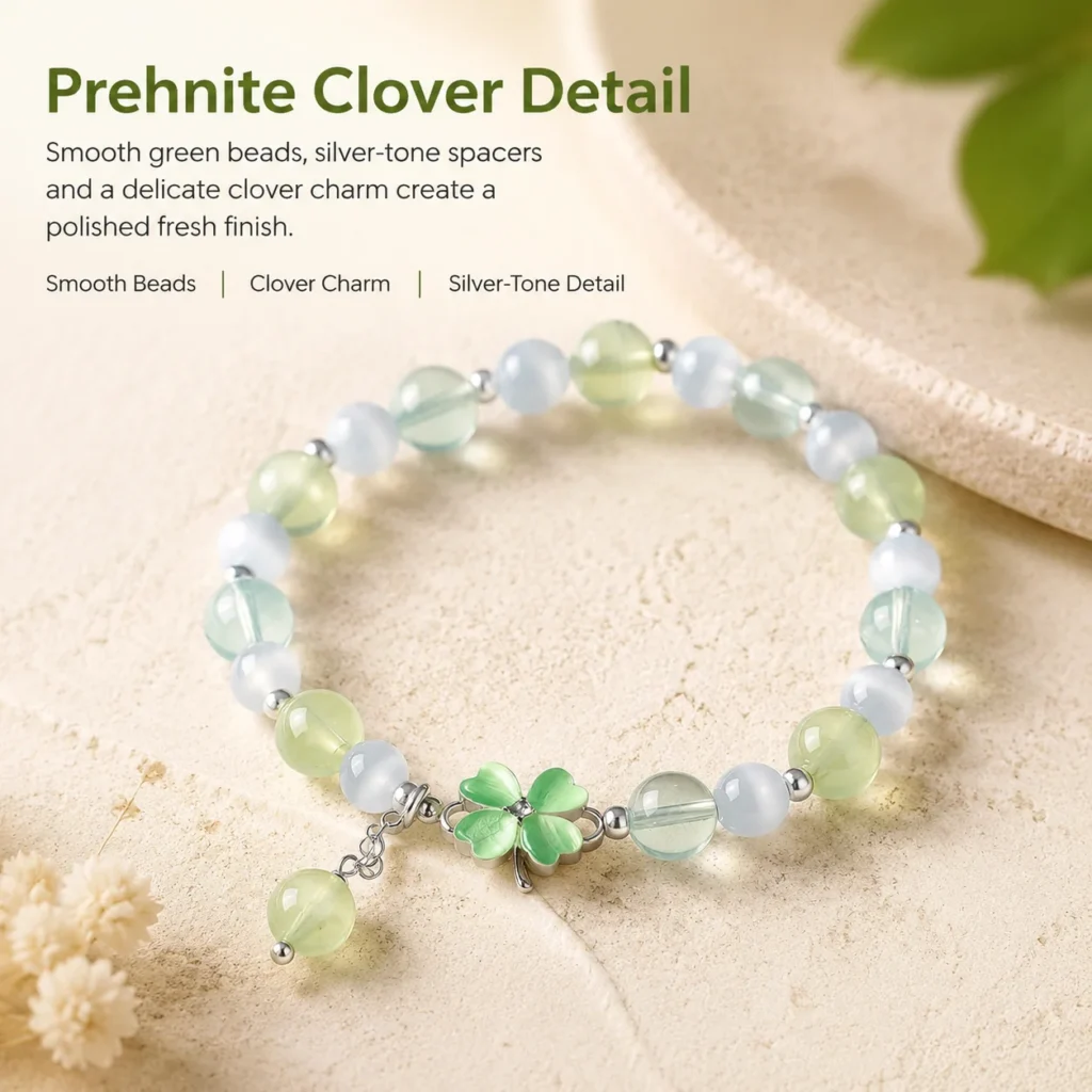 Prehnite Clover Bracelet 4 prehnite clover bracelet material detail image