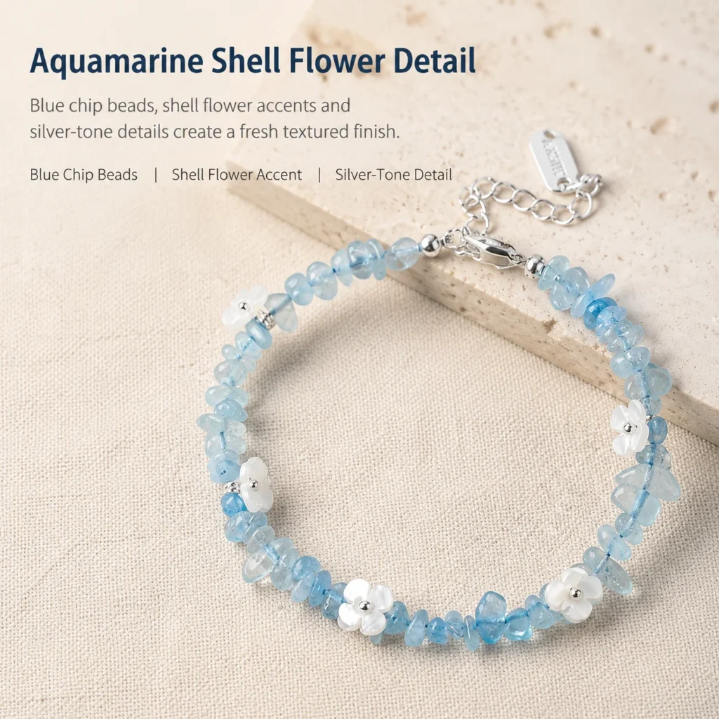 Aquamarine Shell Flower Bracelet 4 aquamarine shell flower bracelet material detail image