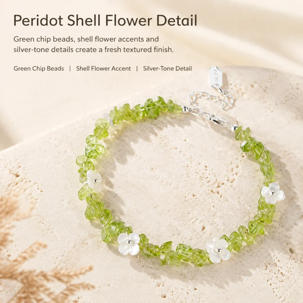 Peridot Shell Flower Bracelet 4 peridot shell flower bracelet material detail image