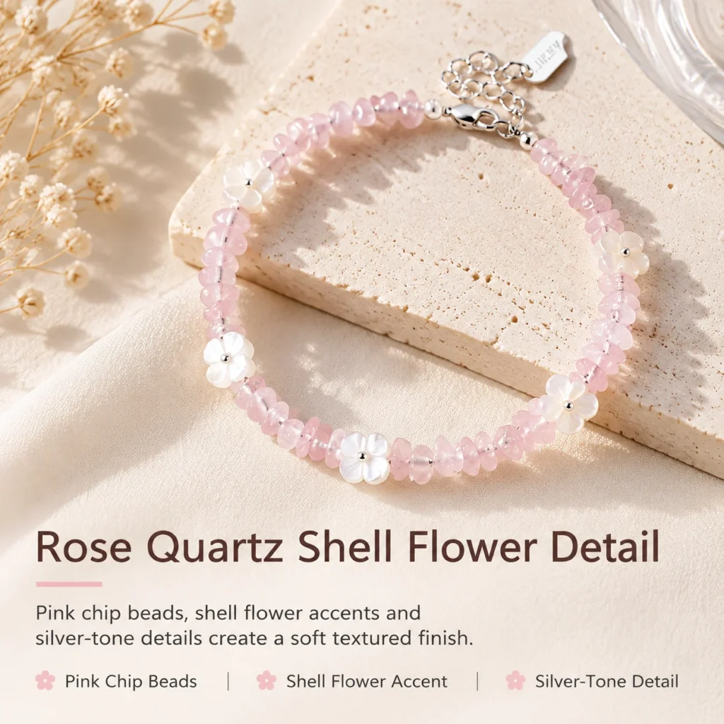 Rose Quartz Shell Flower Bracelet 4 rose quartz shell flower bracelet material detail image