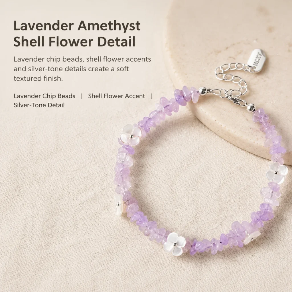 Lavender Amethyst Shell Flower Bracelet 4 lavender amethyst shell flower bracelet material detail image